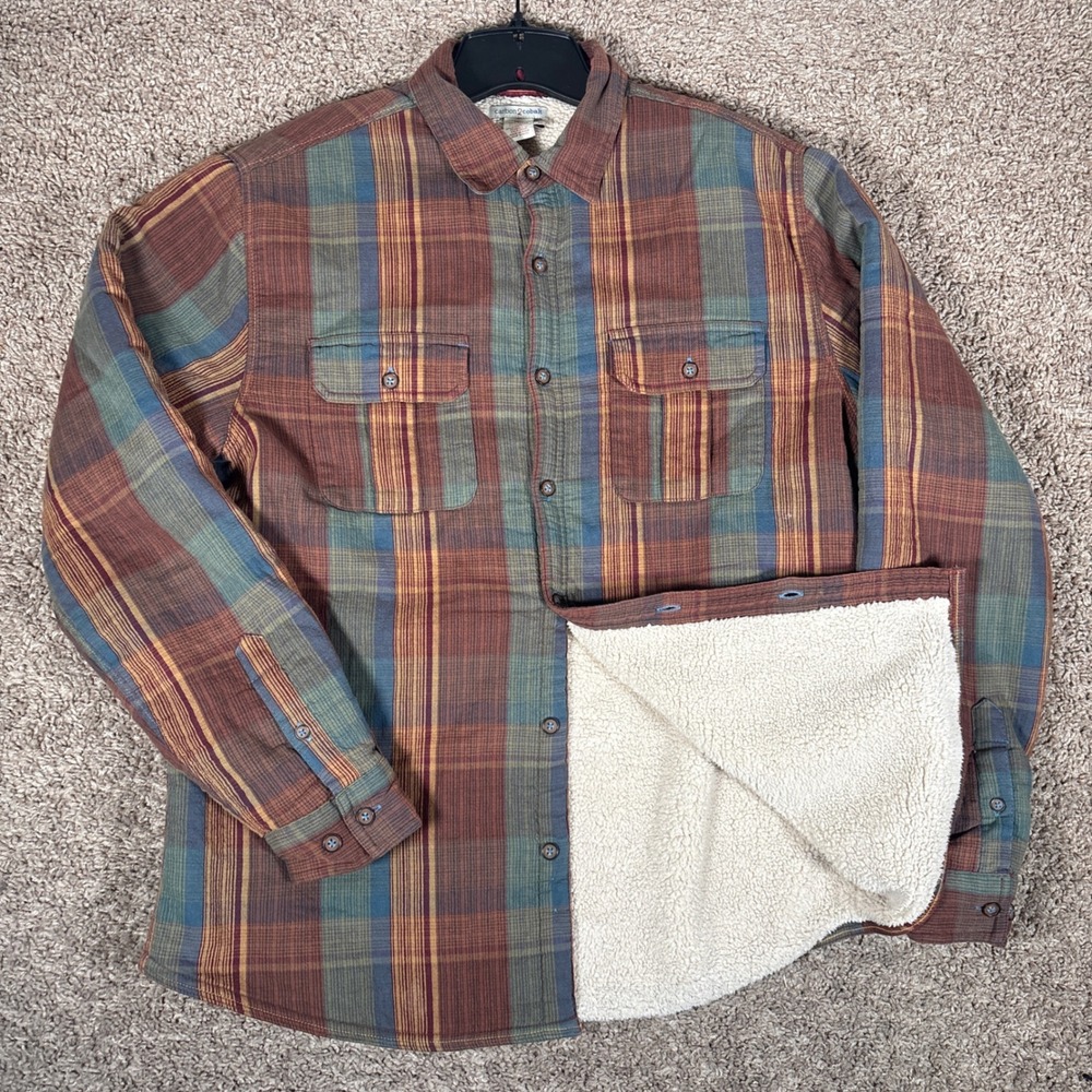 Carbon 2 Cobalt Mens Sherpa Lined Plaid Flannel Shirt Jacket Rust Green Size M